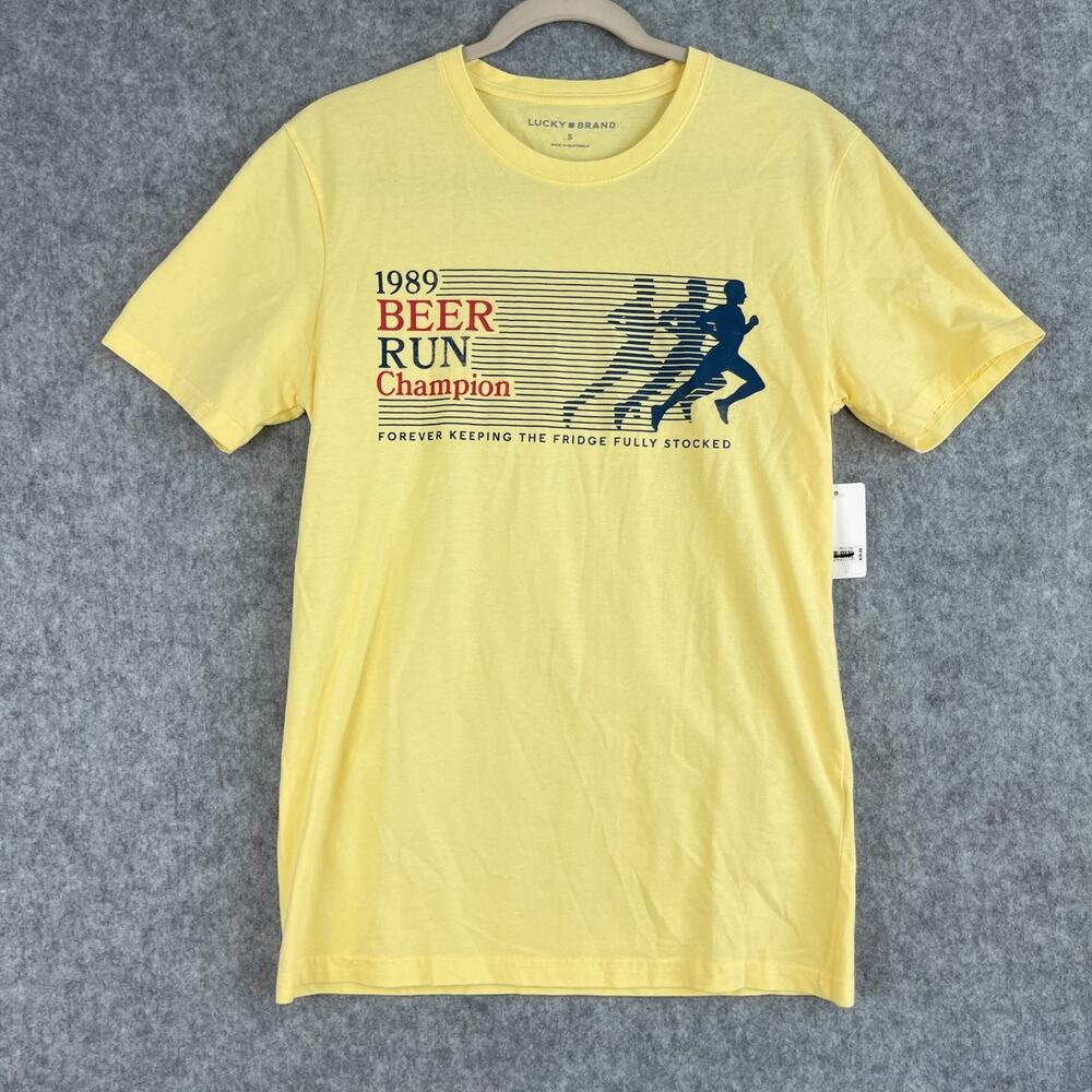Lucky Brand Beer Run Champion Tee Shirt Mens Small Yellow Graphics Casual NEW
